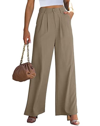 GRAPENT Womens Flowy Pants Womens Wide Leg Trousers Elastic Summer Pants Women Flowy Dress Pants Old Money Clothes Women Business Casual Brown Trousers Color Khaki Size Large Size 12 Size 14 - Image 1