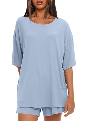 Darong Womens 2 Piece Lounge Sets 2025 Summer Travel Outfits Casual Short Sleeve Oversized Tshirts Tops Drawstring Shorts 9121 Blue L - Image 5