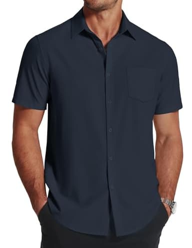 COOFANDY Men's Regular Fit Dress Shirts Wrinkle-Free Short Sleeve Casual Button Down Shirt Navy Blue - Image 1
