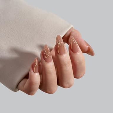 BTArtbox Press On Nails Almond - Press On nails with 3D Gold Lines Design, Medium Glue On Nails with Nail Glue, Gold Swirl Stick On Nails in 15 Sizes, Radiant Ribbons - Image 2