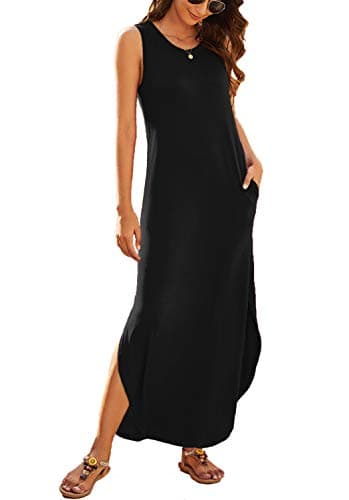 Hount Maxi Dress for Women Casual Spring Summer Dresses 2025 Petite O Neck Sleeveless Sexy Split Sun Dresses with Pockets Black X-Large - Image 2