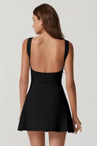 QINSEN Womens Open Back Tennis Dress Sleeveless Built in Shorts Golf Athletic Dress with Pockets Black M - Image 2