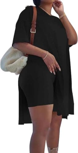 AXOSY Women Plus Size 2 Piece Outfits Short Sleeve Tunic Tops and Skinny Biker Shorts Sets Tracksuits Black,3X-Large - Image 2