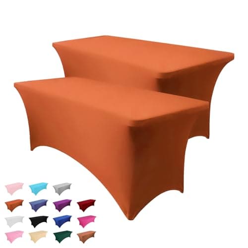 Heochy 2 Pack 6FT Table Cloth for Rectangle Tables - Stretch Burnt Orange Tablecloth Rectangular Fitted Spandex Table Covers 6 ft for Birthday, Cocktail, Wedding, Banquet Outdoor Party - Image 1