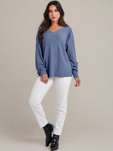 ANRABESS Oversized Long Sleeve Shirts for Women Off the Shoulder Sweatshirt Loose V Neck Tunic Tops High Low Sweater 2025 Small Grey Blue - Image 10