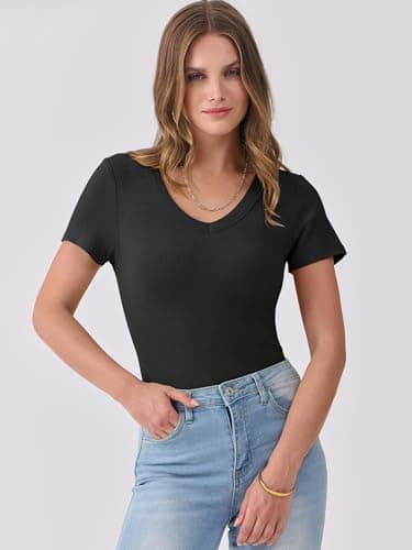 ANRABESS Women Short Sleeve V Neck Ribbed Knit Fitted Shirts Basic Tees Tops 2025 Summer Casual T-Shirts Going Out Outfits Black XX-Large - Image 5