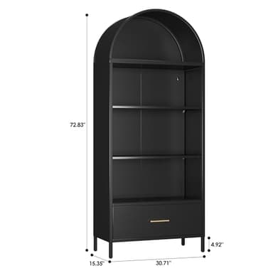 VEXPOR 73 in Tall Metal Arched Cabinet, 4-Tier Arched Bookcase with Drawer, Modern Farmhouse Bookshelf with 2 Adjustable Shelves, Kitchen Pantry Cabinet for Living Room, Black, Assembly Required - Image 2