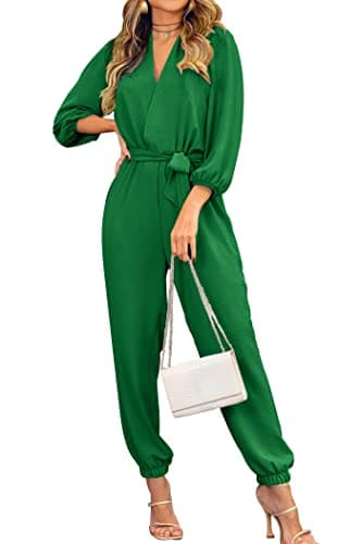 PRETTYGARDEN Women's Spring Fall Jumpsuits Casual Dressy One Piece Outfits V Neck Long Sleeve Belt Pockets Long Pants Romper (Green,Small) - Image 1