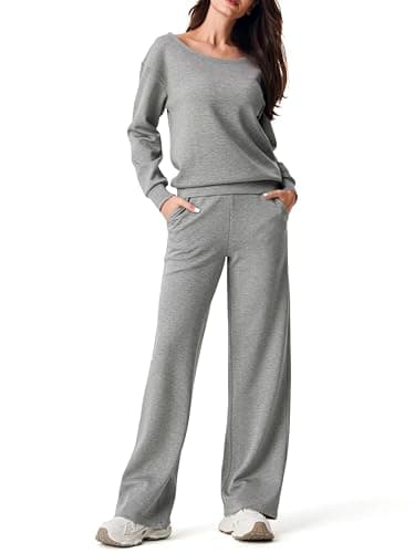 AFITNE 2 Piece Outfits for Women Long Sleeve Off-Shoulder Pullover Tops Wide Leg Sweatpants Pull On Pants Sets Stretchy Trendy Tracksuits with Pockets Fashion Mathching Sweatsuits Grey L 29" - Image 1