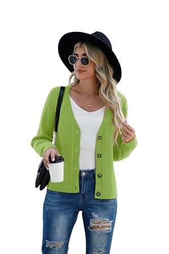 Women's Green Casual Dressy Stirped Cardigan with V Neck Button Sweaters Crew Neck Lady Lightweight Jacket 2024 Fall Winter Size M - Image 3