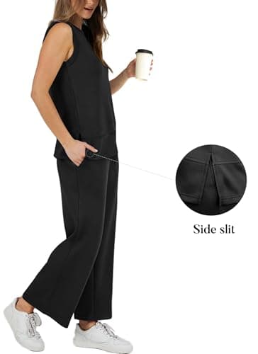 XIEERDUO 2 Piece Outfits for Women Casual Summer Sleeveless Tracksuit Spring Travel Vacation Lounge Set Wide Leg Loungewear Women's Resort Wear Black Clothing M - Image 2