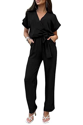 PRETTYGARDEN Women's One Piece Jumpsuits Dressy Casual Summer Short Sleeve Wrap V Neck Belted Wide Leg Pants Romper (Black,Medium) - Image 1