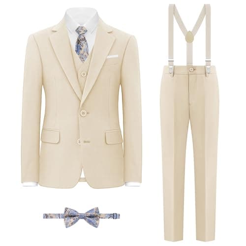 BOLADA Boys' Beige Husky Formal Classic 6-Piece Suit Set Size 14 Big Boys Toddler Tuxedos Suits for Kids Teen Youth Wedding Outfit Ring Bearer Outfit - Image 1