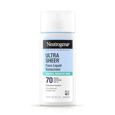Neutrogena Ultra Sheer Mineral Face Liquid Sunscreen SPF 70, Broad Spectrum UVA UVB for Sensitive Skin, Non Greasy, Oxybenzone Free, Vegan, Hypoallergenic, 1.4 fl oz - Image 1