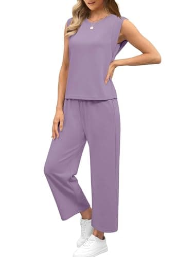Sampeel Womens Two Piece Sets Loungewear Set Travel Airport Vacation Outfits Trendy Cruise Outfits 2025 Wide Leg Crop Pants Sets Purple L - Image 3