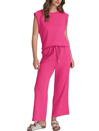 Sampeel Summer Outfits for Women 2025 Vacation Two Piece Outfits Travel Airport Clothes Vacation Outfits Wide Leg Crop Pants Sets Hot Pink M - Image 2