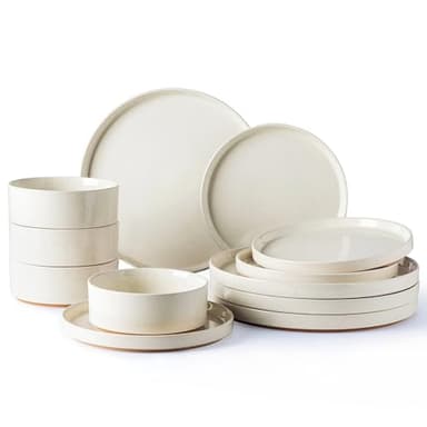 AmorArc Ceramic Dinnerware Set for 4 | Speckled Stoneware Plates and Bowls with unglazed terracotta | Scratch Resistant, Dishwasher & Microwave Safe Dishes Sets- 12-Pcs Beige - Image 1
