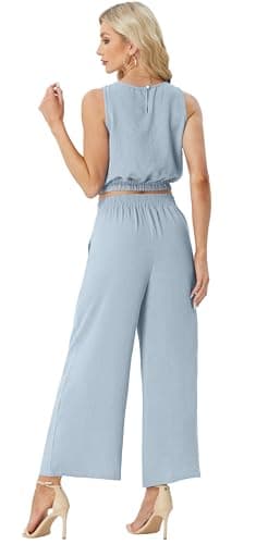 GRECERELLE 2 Piece Sets for Women Summer Sleeveless Crop Top Wide Leg Pants Resort Wear for Women 2025 Haze blue-M - Image 4