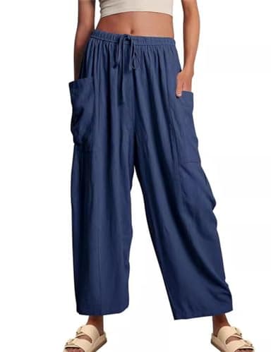 Flygo Women's Wide Leg Pants Summer Casual Loose Fit Beach Palazzo Harem Pants with Pockets(NavyBlue-XXL) - Image 1
