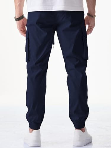 JMIERR Men's Casual Pants Comfy Slim Fit Elastic Waist Drawstring Stretch Tapered Athletic Work Hiking Workout Lightweight Cargo Joggers Sweatpants with Pockets Fall Clothing, S, Navy Blue - Image 2