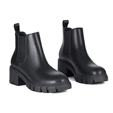 Athlefit Women's Chelsea Boots Fashion Lug Sole Chunky Heel Slip on Elastic Ankle Black Booties Size 9 - Image 5