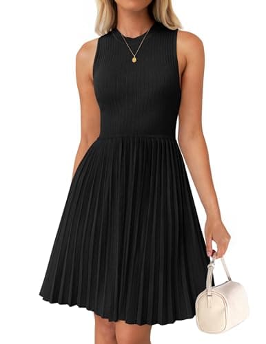 ZESICA Women's Summer Sleeveless Mini Dress 2025 Crewneck Knit A Line Pleated Swing Casual Basic Short Dress,Black,Small - Image 1