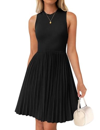 ZESICA Women's Summer Sleeveless Mini Dress 2025 Crewneck Knit A Line Pleated Swing Casual Basic Short Dress,Black,Small - Image 1