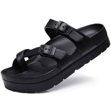 Goosecret Women's Platform Sandals with Arch Support Comfortable Foam Slides Summer Beach Sandals with Adjustable Buckle Black, 38 - Image 1