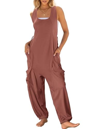 ANRABESS Women Overalls Jumpsuits Loose Casual Dressy Sleeveless Baggy Harem Pants Romper Jumpers 2025 Trendy Summer Outfits Caramel Large - Image 1