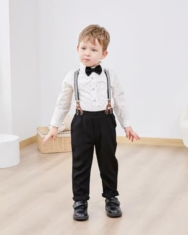ZOEREA Toddler Boy Suit Formal Wedding Outfits Gentleman Clothes Long Sleeve Shirt + Suspender Pants + Bowtie Black 4-5T - Image 3