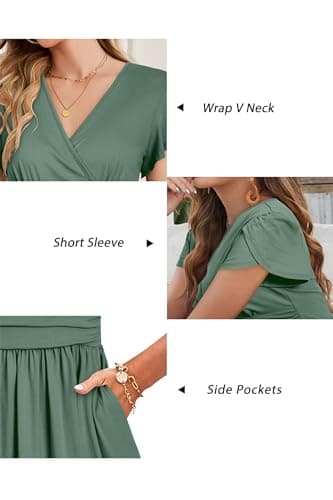 OUGES Short Sleeve Summer Maternity Maxi Dresses for Women 2025 Wrap V Neck Wedding Guest Dress Casual Spring Long Dress(Gray Green,M) - Image 6