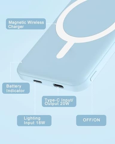 podoru for Magsafe Battery Pack, 5000mAh Magnetic Power Bank with Type-C Cable 20W PD Fast Charging Lighting Input Wireless Portable Charger for iPhone 17/16/15/14/13/12/ All Series-Sierra Blue - Image 5