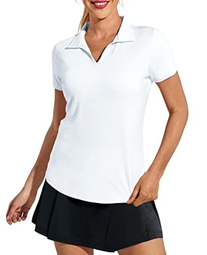 MIER Women's Golf Polo Shirts Collared V Neck Short Sleeve Tennis Shirt, Dry Fit, Moisture Wicking, White, M - Image 1