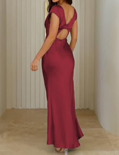 Halfisland Womens Summer Satin V Neck Cap Sleeve Backless Maxi Dress Elegant Twist Cut Out Midi Dresses Wedding Guest Burgundy - Image 3