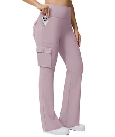 Yoga Flare Leggings for Women High Waisted Yoga Casual Pants Workout Leggings Cargo with 6 Pockets Bootcut Pants,Purple Pink XL - Image 2