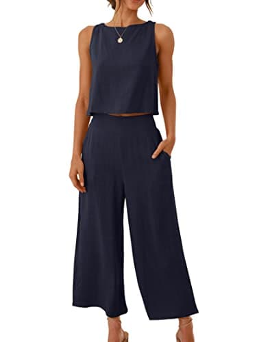 ANRABESS Women's Summer 2 Piece Outfits Sleeveless Crop Top Capri Wide Leg Pants Jumpsuit Casual Linen Lounge Matching Sets Beach Travel 2025 Trendy Clothes Navy Blue Large - Image 1