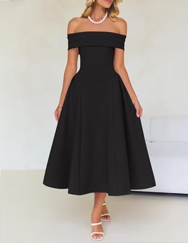 ZESICA Cocktail Dresses for Women's Elegant Off Shoulder Short Sleeve Swing A Line Wedding Evening Party Midi Dress,Black,X-Large - Image 7