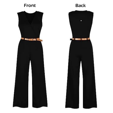 Pink Queen Women's Elegant V Neck Long Loose Belted Rompers Jumpsuits Black X-Large - Image 4