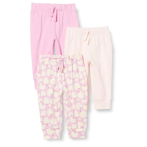 Amazon Essentials Unisex Babies' Cotton Pull-On Pants, Pack of 3, Pink/Apples, 0-3 Months - Image 1