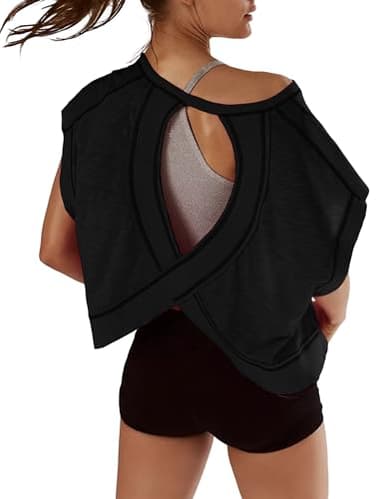 Kumufenc Women Short Sleeve Workout Shirts Open Back Tops Casual Yoga Y2k Athletic Gym Slouchy Crop Running Tees(Black,M) - Image 1
