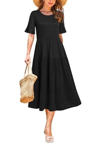 STYLEWORD Womens Summer Dresses Midi Casual Short Sleeve High Waist Maxi Sundress Beach Wedding Party Spring Dress 2024(Black,2XL) - Image 1