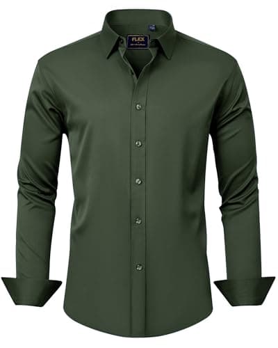 J.VER Men's Dress Shirts Solid Long Sleeve Stretch Wrinkle-Free Formal Shirt Business Casual Button Down Shirts Army Green Large - Image 1