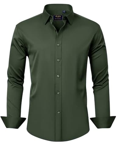 J.VER Men's Dress Shirts Solid Long Sleeve Stretch Wrinkle-Free Formal Shirt Business Casual Button Down Shirts Army Green Large - Image 1