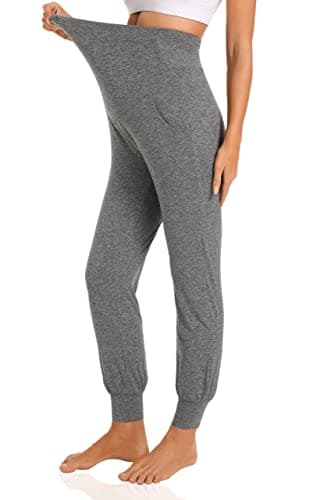 V VOCNI Women's Maternity Pants Maternity Activewear Jogger Track Cuff Sweatpants Over The Belly Stretchy Pregnancy Pants Black&Grey,Large - Image 2