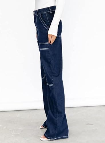 Dokotoo Womens Casual High Waisted Cargo Jeans for Women Wide Leg Boyfriend Denim Pants Blue Size 8 - Image 3