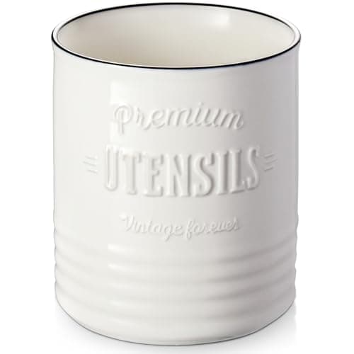 DOWAN 7.2″ Extra Large Kitchen Utensil Holder, Farmhouse Utensil Holder for Countertop, Ceramic Utensil Crock with Protection Cork Mat, Utensil Organizer for Kitchen Decor & Housewarming Gift, White - Image 1