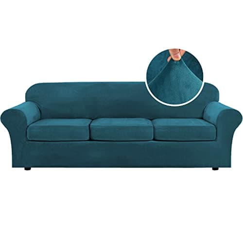 H.VERSAILTEX Velvet 4 Piece High Stretch Sofa Slipcover Cover Furniture Protector Form Fit Luxury Thick Velvet Extra Large Sofa Cover for 3 Cushion Couch Width Up to 105 Inch (XL Sofa, Deep Teal) - Image 1