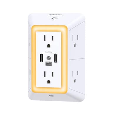 Outlet Extender USB Wall Charger - POWRUI 6 AC Surge Protector Outlets with 3 USB Ports (1 USB C) and Night Light, 3-Sided Multi Plug Wall Outlet Power Strip with Spaced Outlets, ETL Listed, White - Image 1