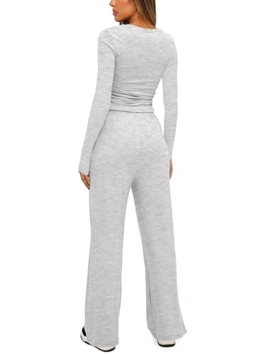 Darong Women's 2 Piece Lounge Sets Long Sleeve Tops Wide Leg Pants Casual Outfits Pajama Set Fall Collection 9065A White Grey L - Image 2