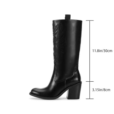 wetkiss Black Cowboy Boots for Women Wide Mid Calf Western Cowgirl Chunky Boots Round Toe Pull On Casual Holiday Party Daily Shoes - Image 2